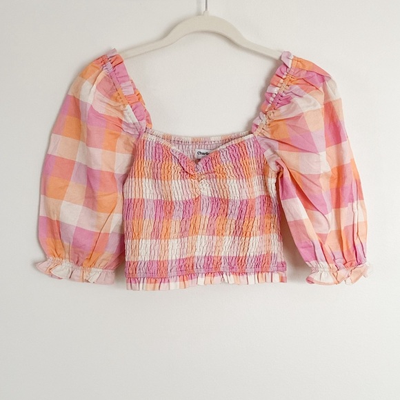 NEW Charlie Holiday Andrea Puff Sleeve Top Beige Multi Check Size 4 - Picture 4 of 5